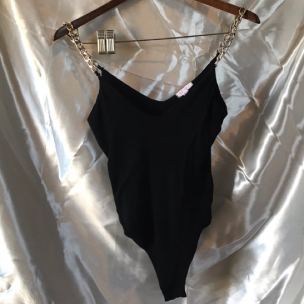 Black Bodysuit with Gold Chain Straps